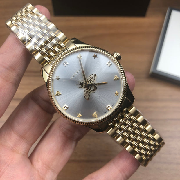 Gucci G-Timeless Gold Stainless Steel Silver Dial Quartz Watch for Ladies- YA1264155