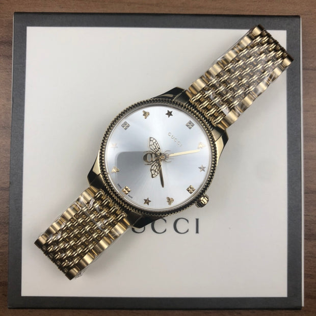 Gucci G-Timeless Gold Stainless Steel Silver Dial Quartz Watch for Ladies- YA1264155