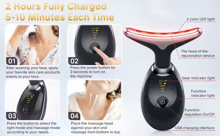 Neck Facial Lifting Device EMS Microcurrent LED Photon Therapy Vibration Face Massager